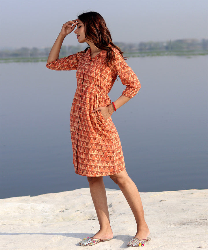 Orange handblock printed cotton dress