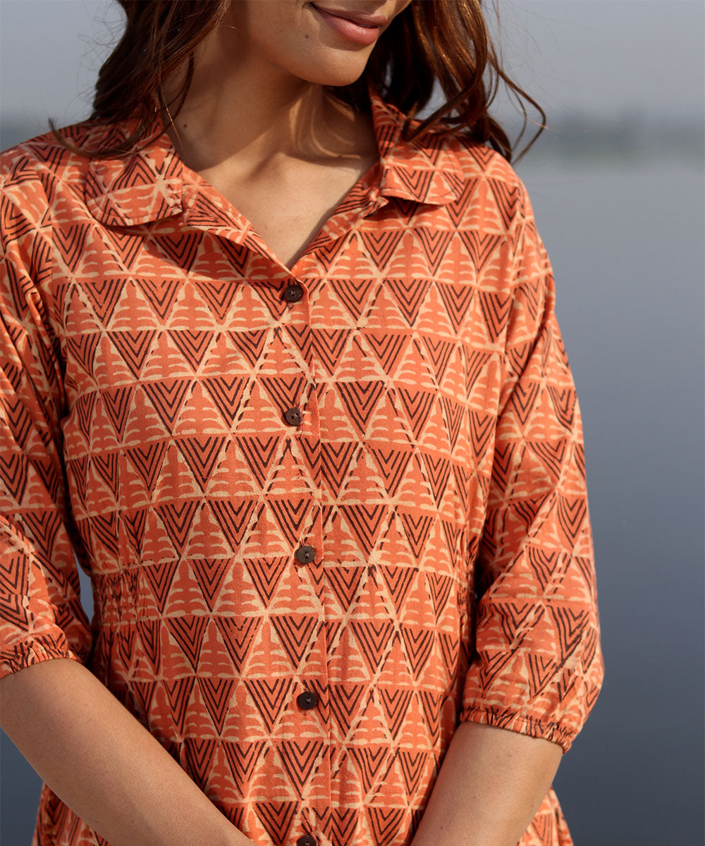 Orange handblock printed cotton dress
