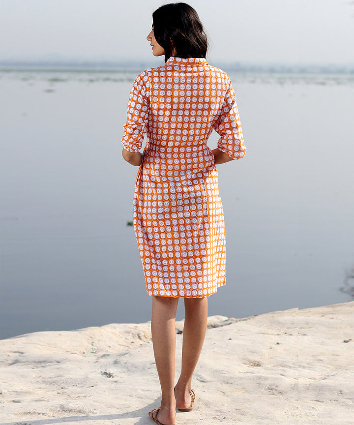 Orange hand block printed cotton dress