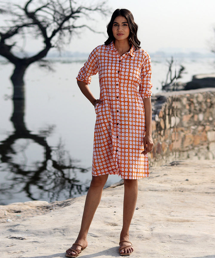 Orange hand block printed cotton dress