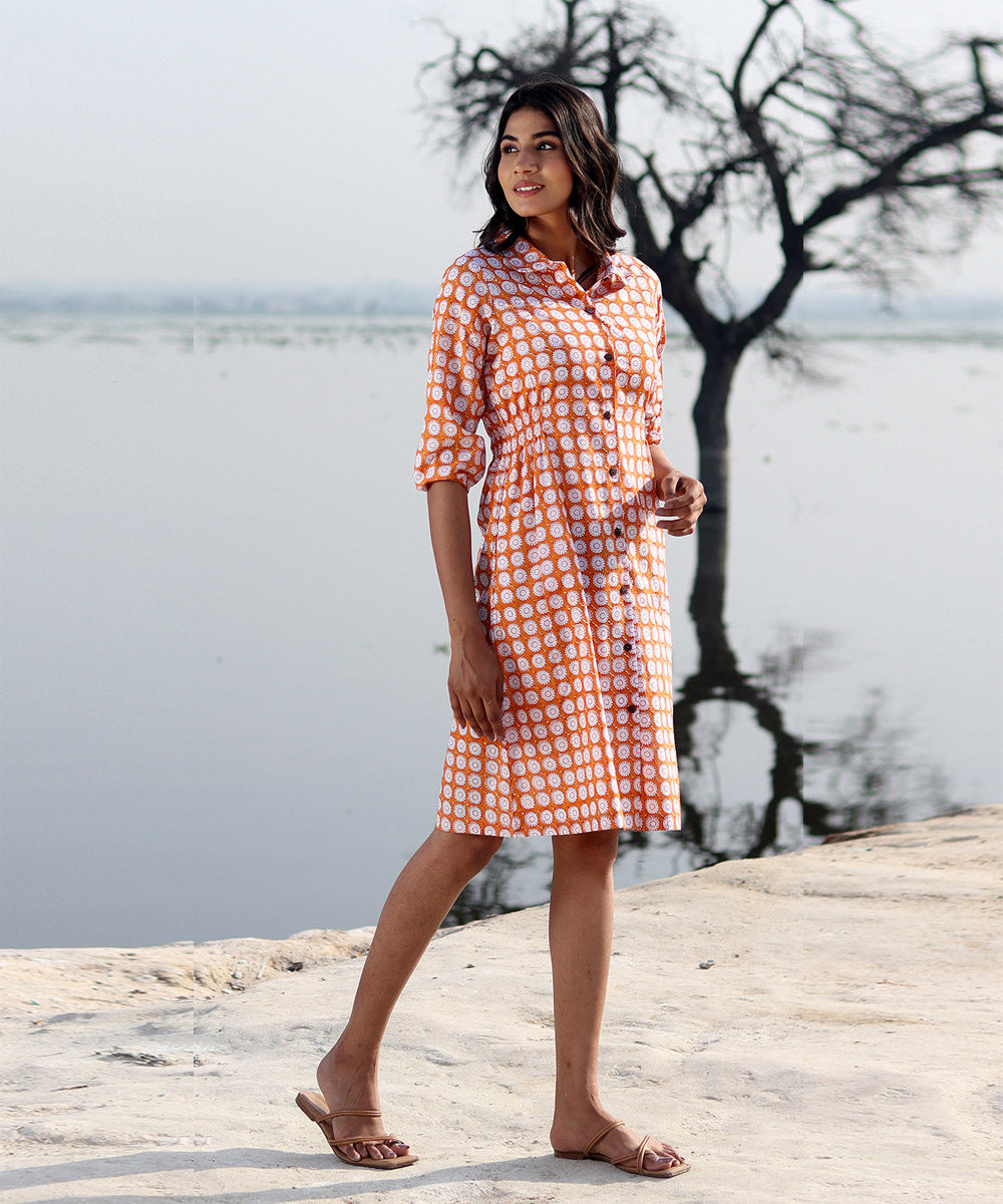 Orange hand block printed cotton dress