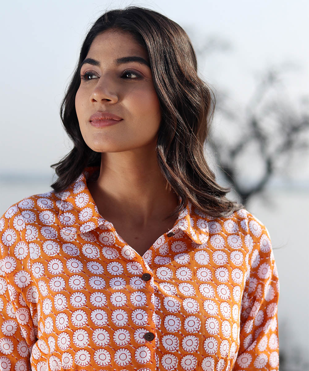 Orange hand block printed cotton dress