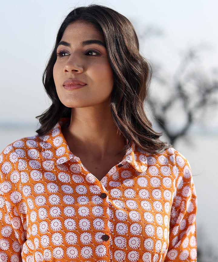 Orange hand block printed cotton dress