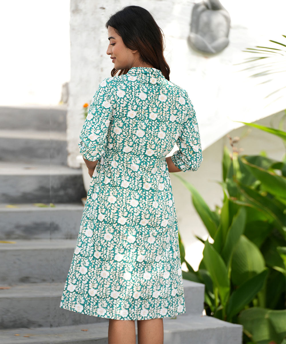 Green block printed cotton dress
