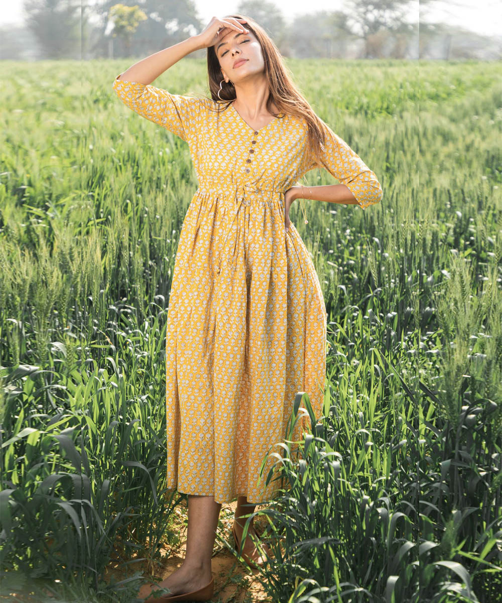 Mustard small handblock printed cotton dress