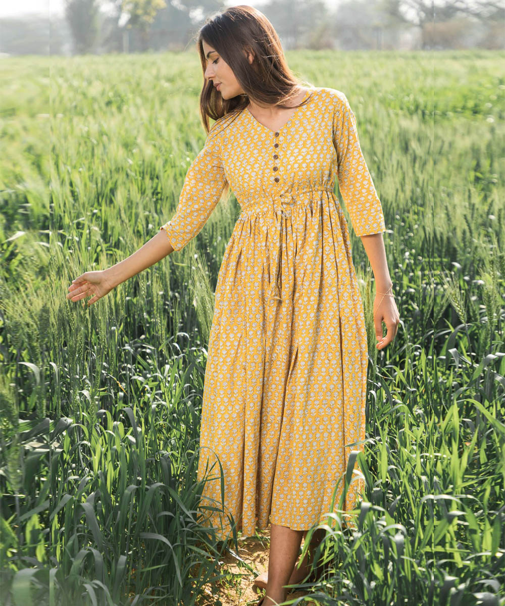 Mustard small handblock printed cotton dress
