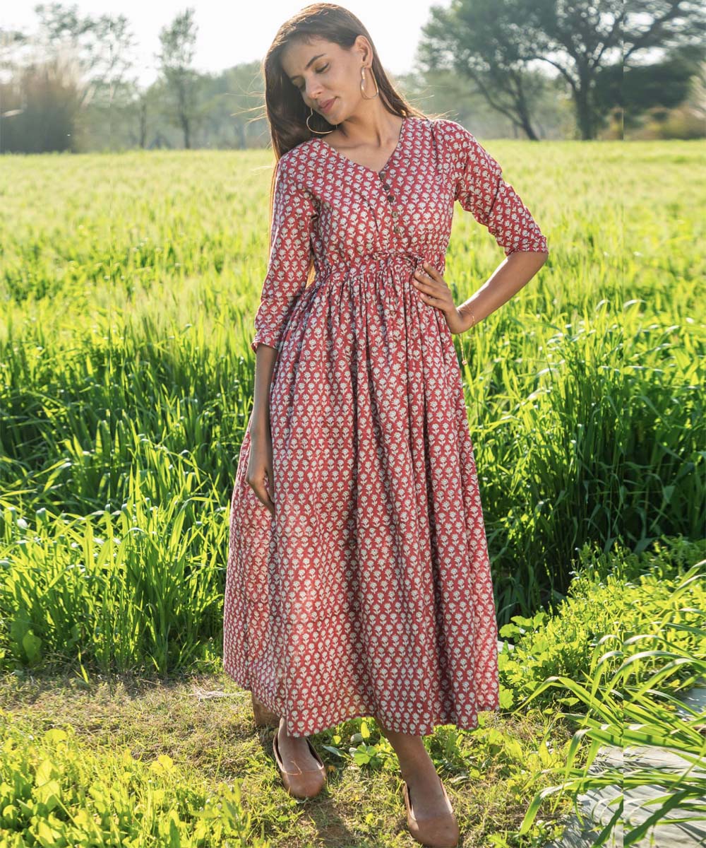 Maroon small hand block printed cotton dress GoSwadeshi Maroon small hand block printed cotton dress GoSwadeshi