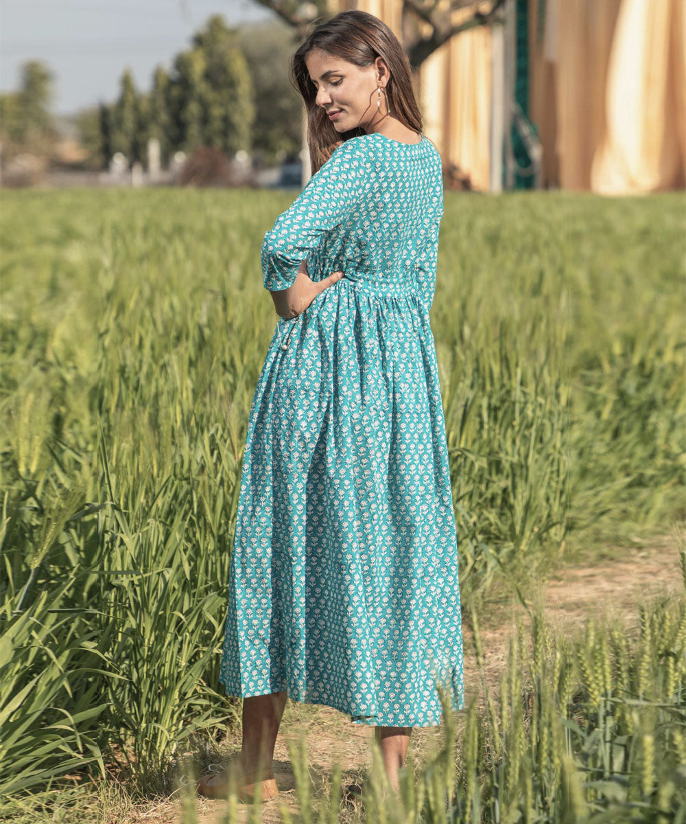Green small handblock printed cotton dress