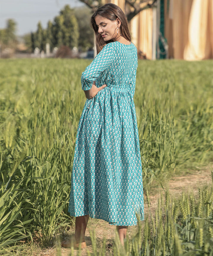 Green small handblock printed cotton dress