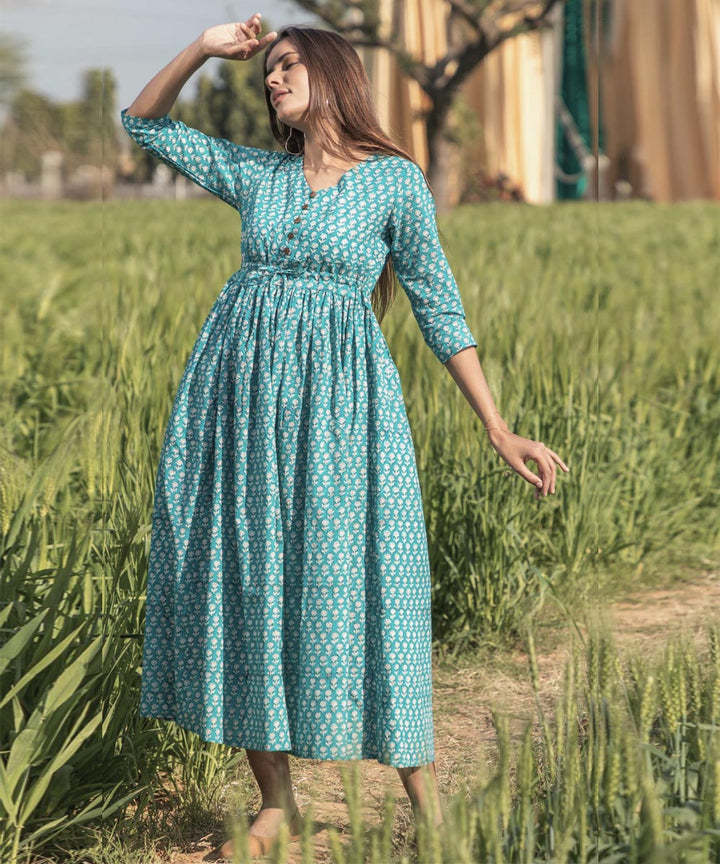 Green small handblock printed cotton dress