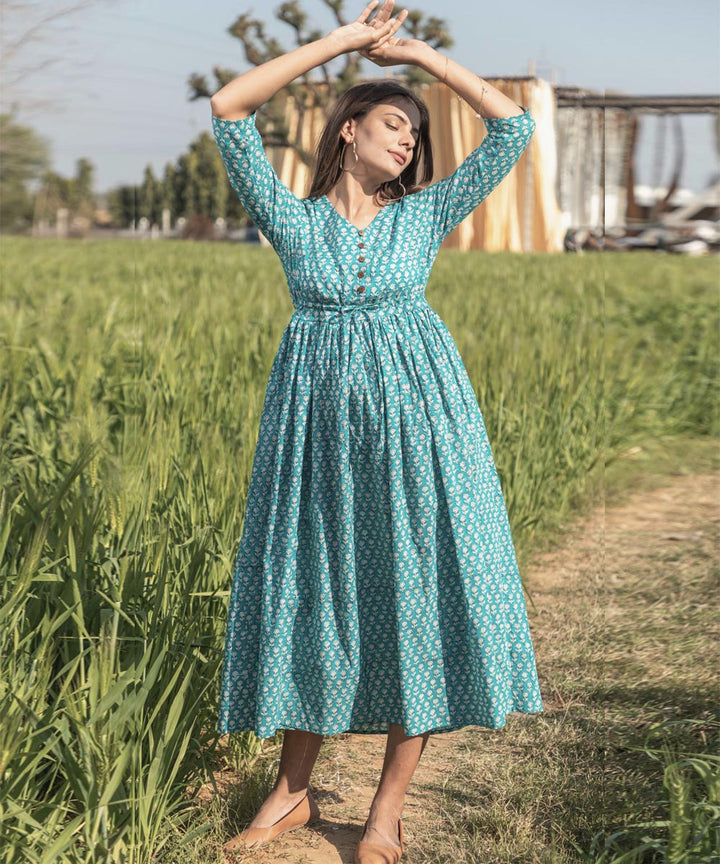Green small handblock printed cotton dress