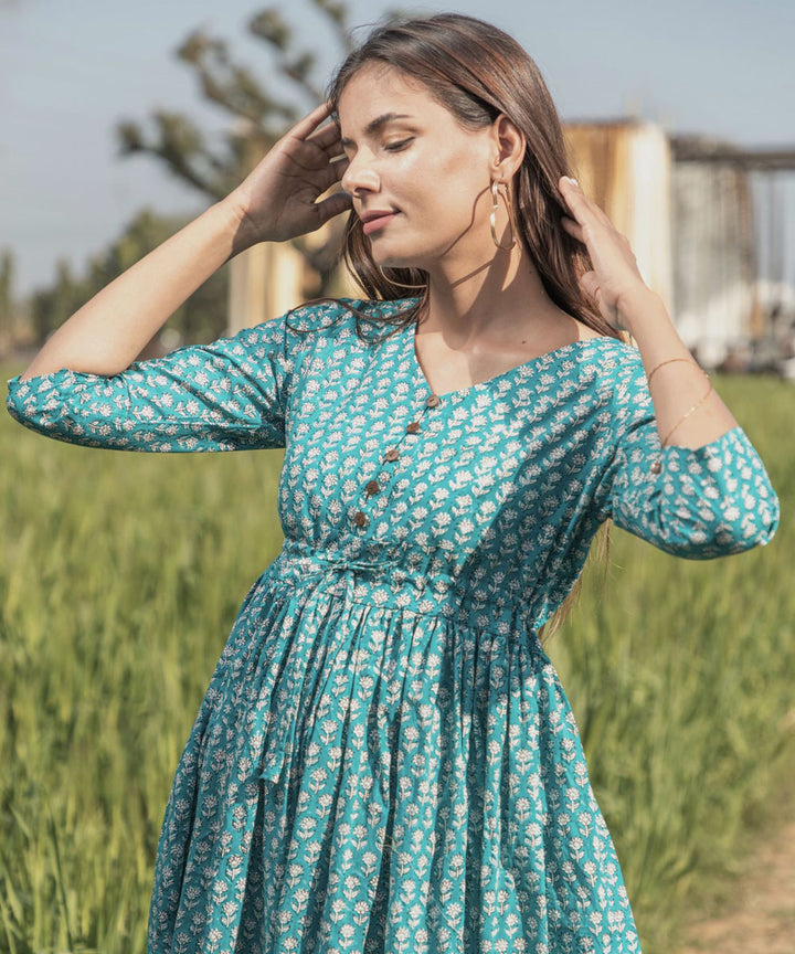 Green small handblock printed cotton dress