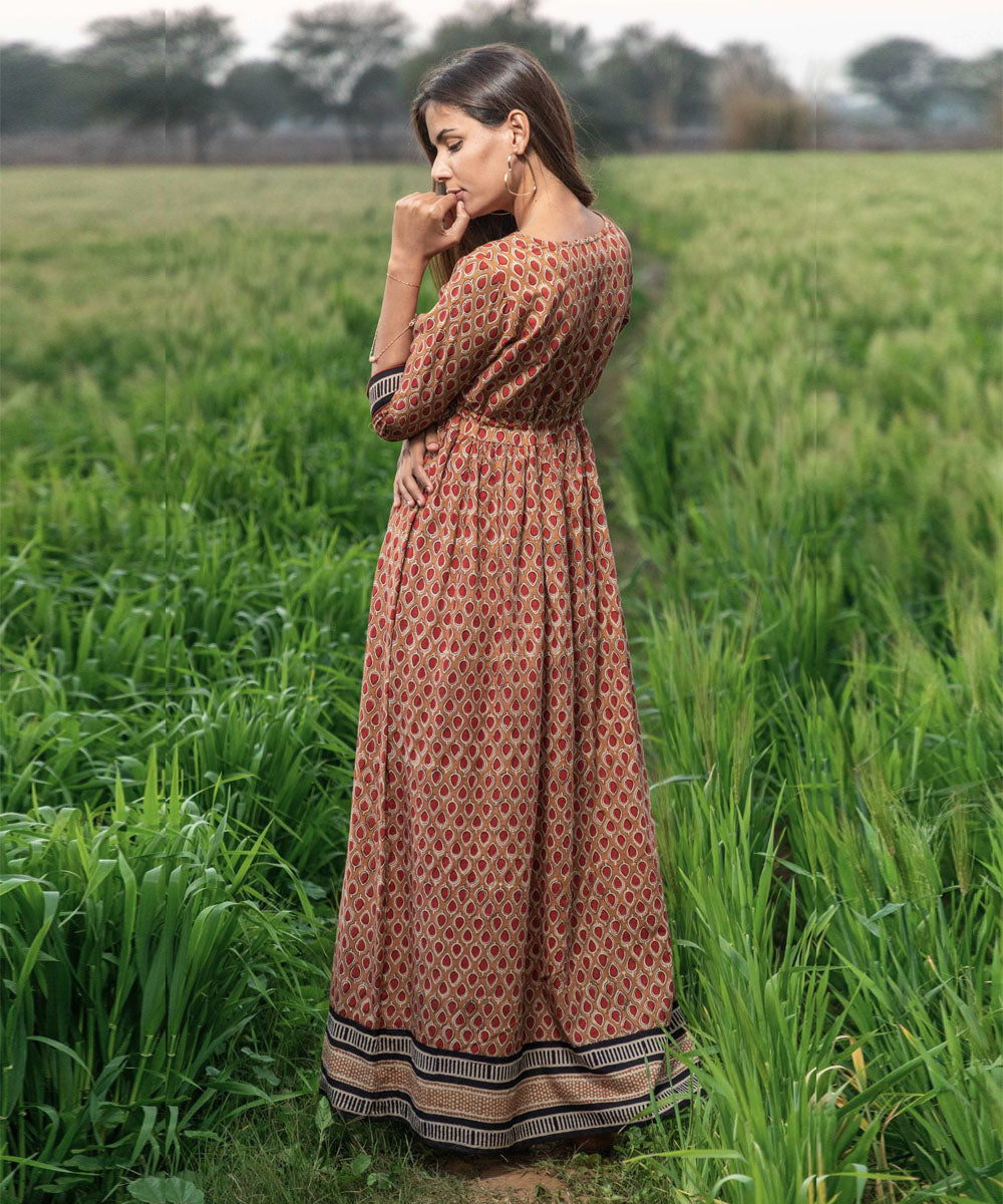 Brown small handblock printed cotton dress