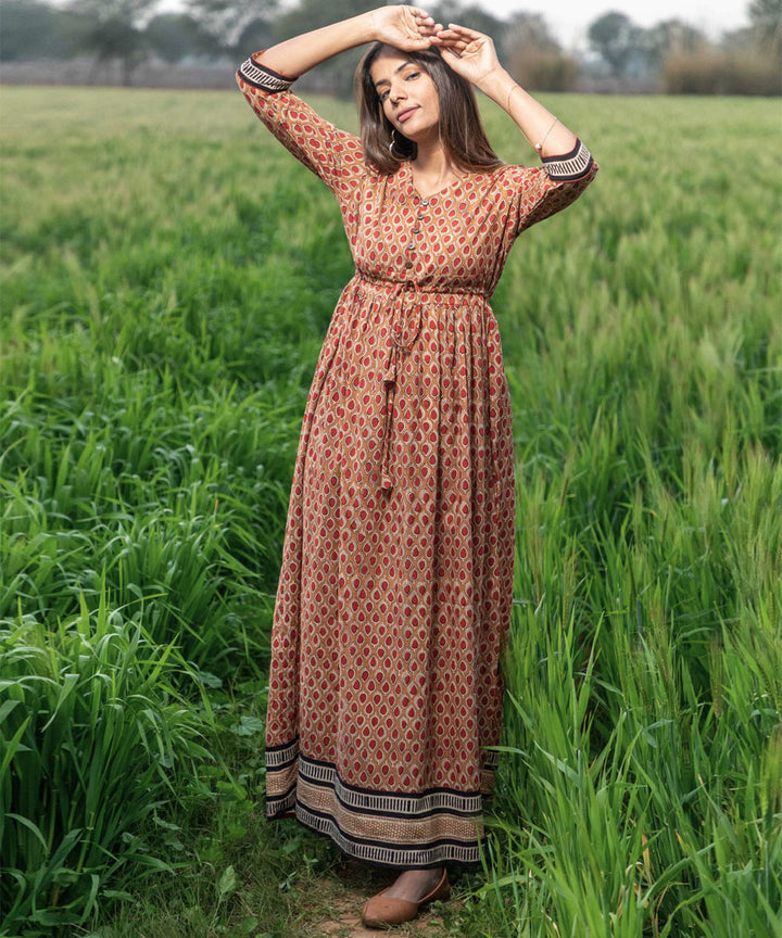 Brown small handblock printed cotton dress