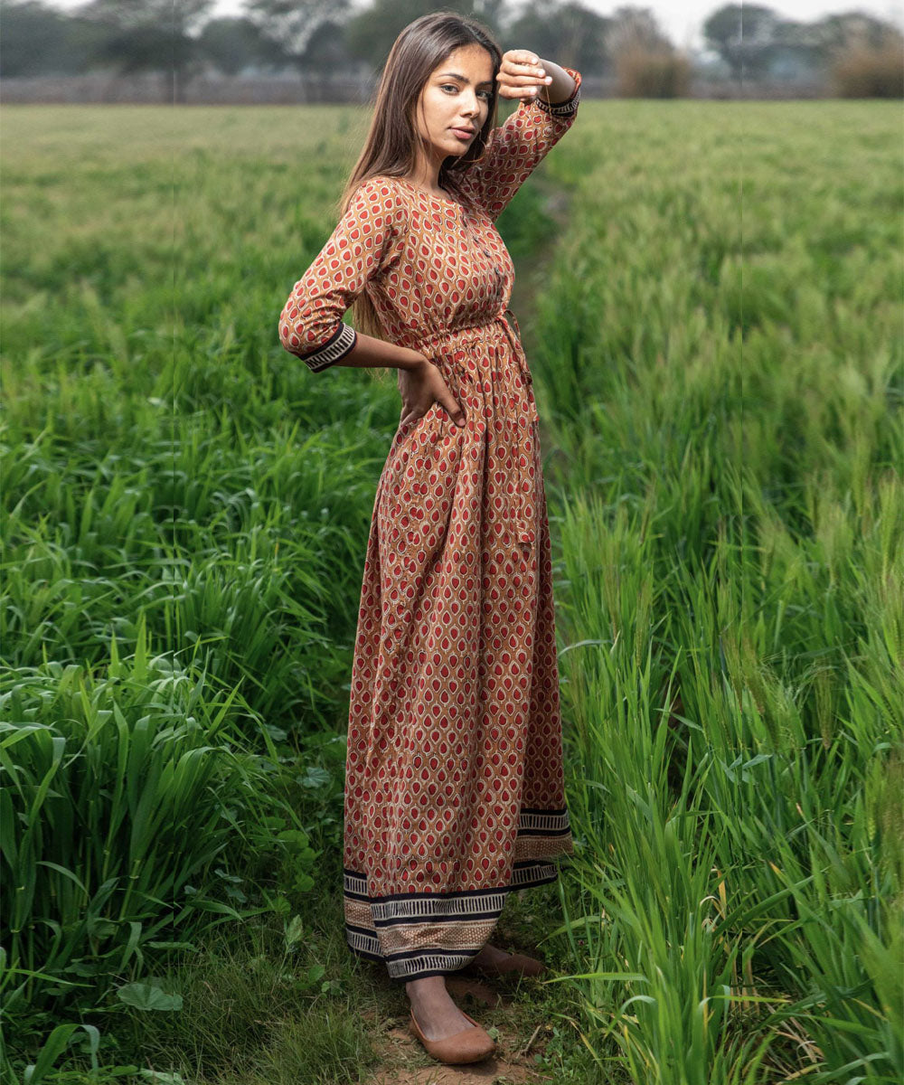 Brown small handblock printed cotton dress