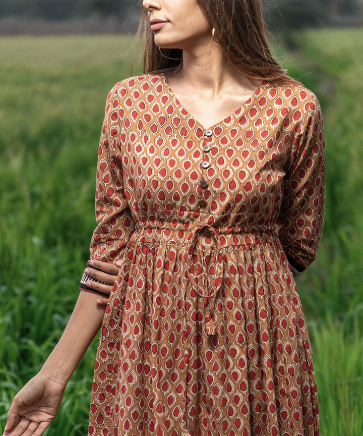 Brown small handblock printed cotton dress