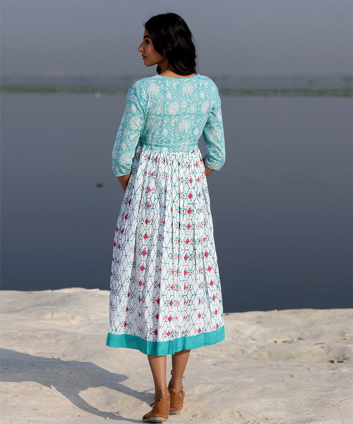 Blue white small handblock printed cotton dress