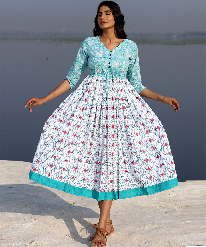Blue white small handblock printed cotton dress