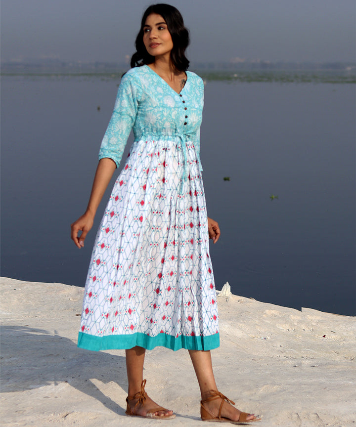 Blue white small handblock printed cotton dress