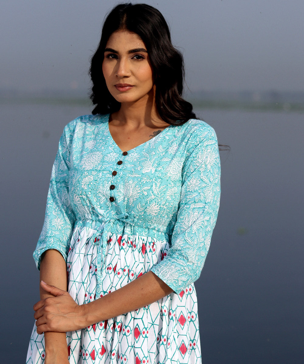 Blue white small handblock printed cotton dress