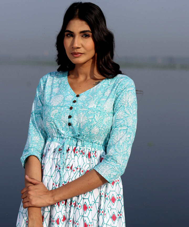 Blue white small handblock printed cotton dress