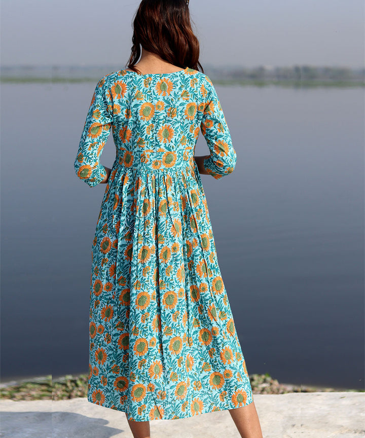 Green floral hand block printed cotton dress