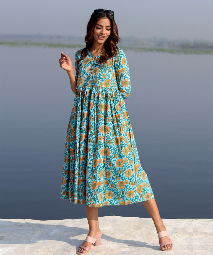 Green floral hand block printed cotton dress