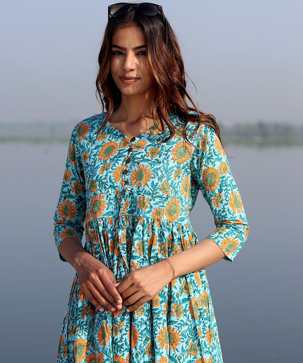 Green floral hand block printed cotton dress