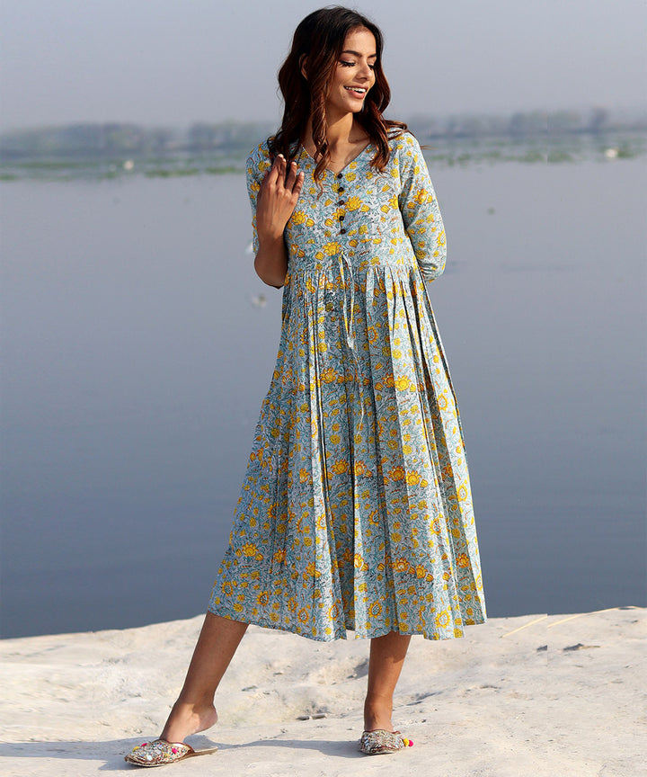 Grey handblock printed cotton dress
