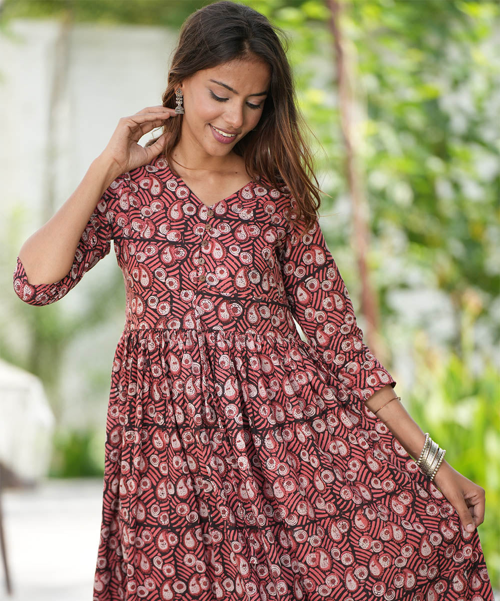 Maroon floral handblock printed cotton dress