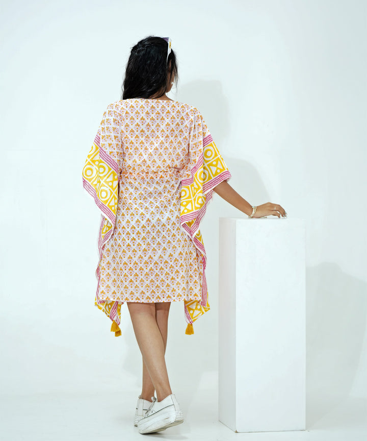 White yellow hand block printed modal kaftan