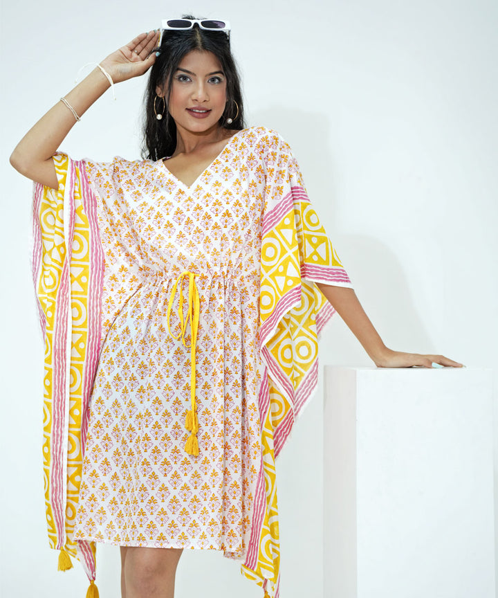 White yellow hand block printed modal kaftan