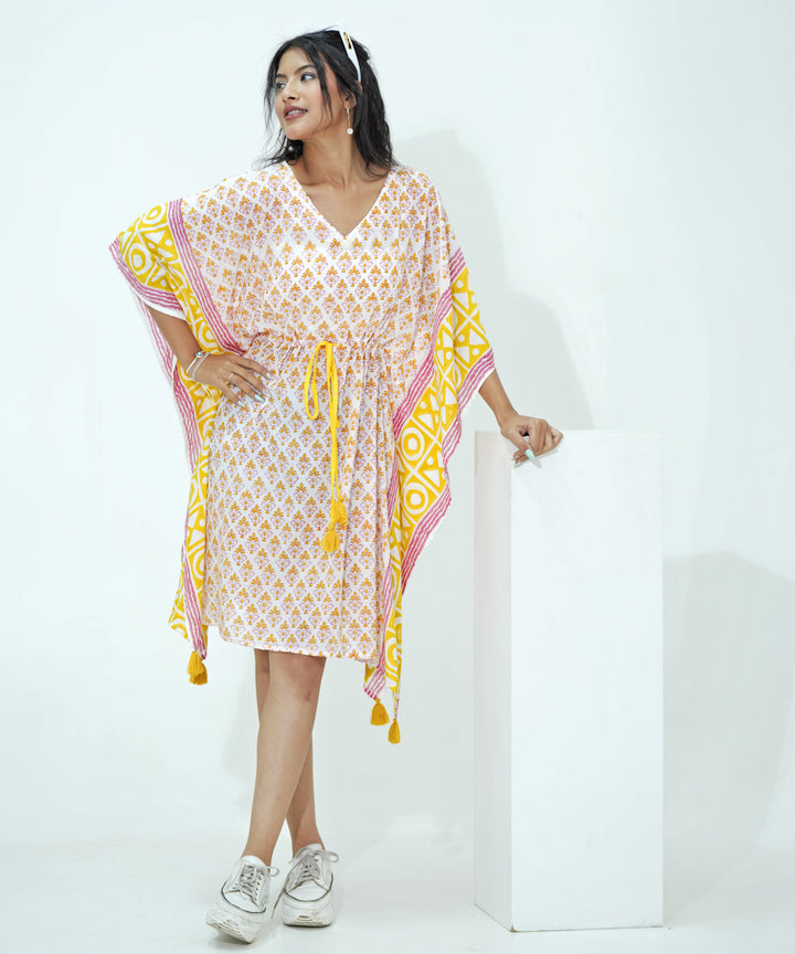 White yellow hand block printed modal kaftan