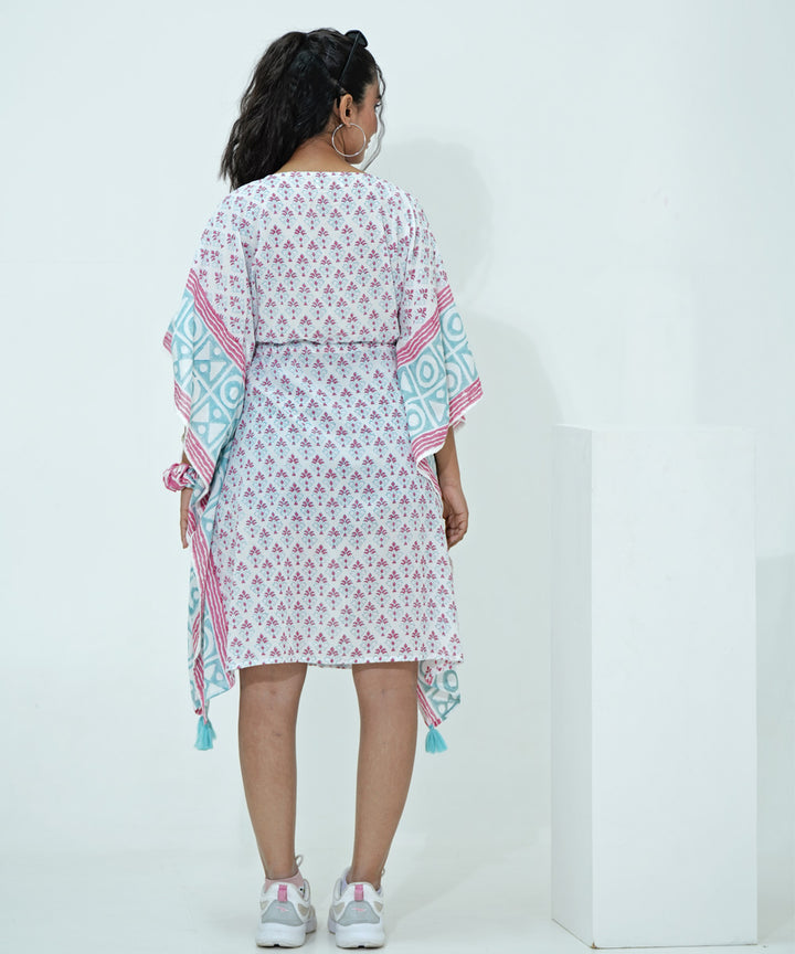 White blue handblock printed modal kaftan