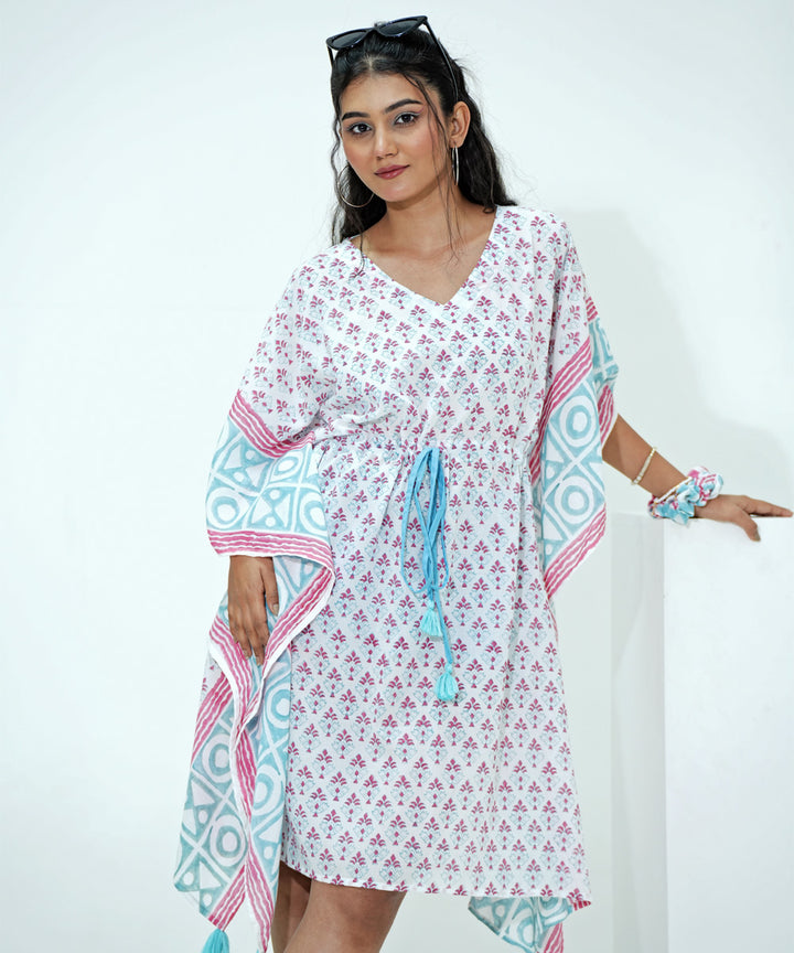 White blue handblock printed modal kaftan