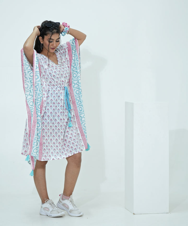 White blue handblock printed modal kaftan