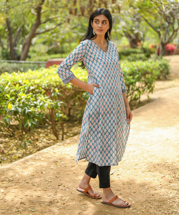 Green white handblock printed cotton kurti