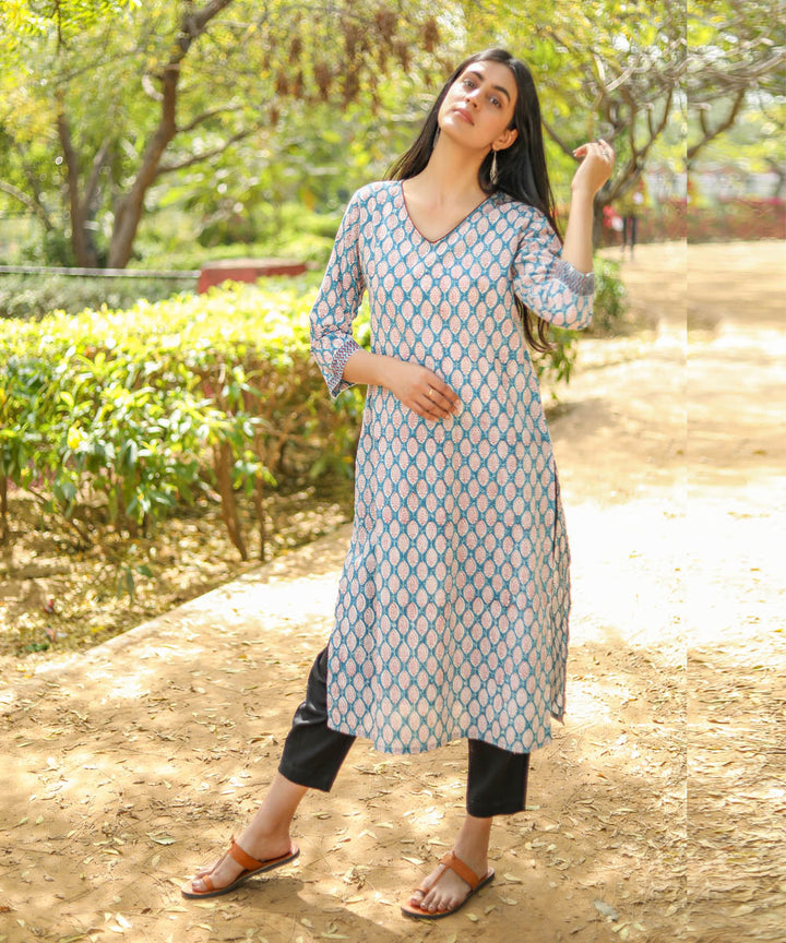 Green white handblock printed cotton kurti