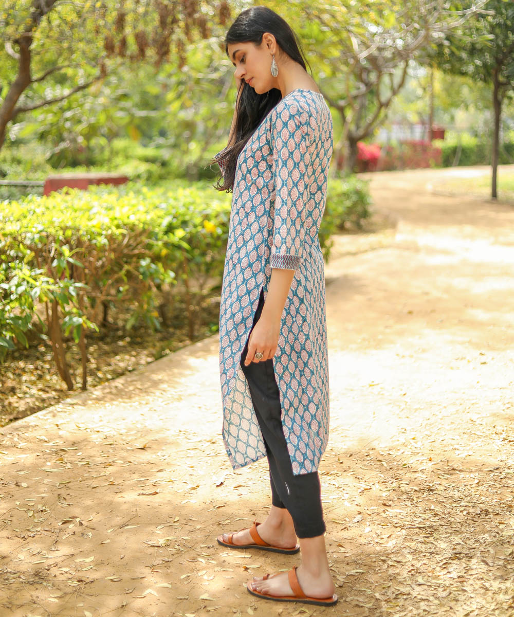 Green white handblock printed cotton kurti