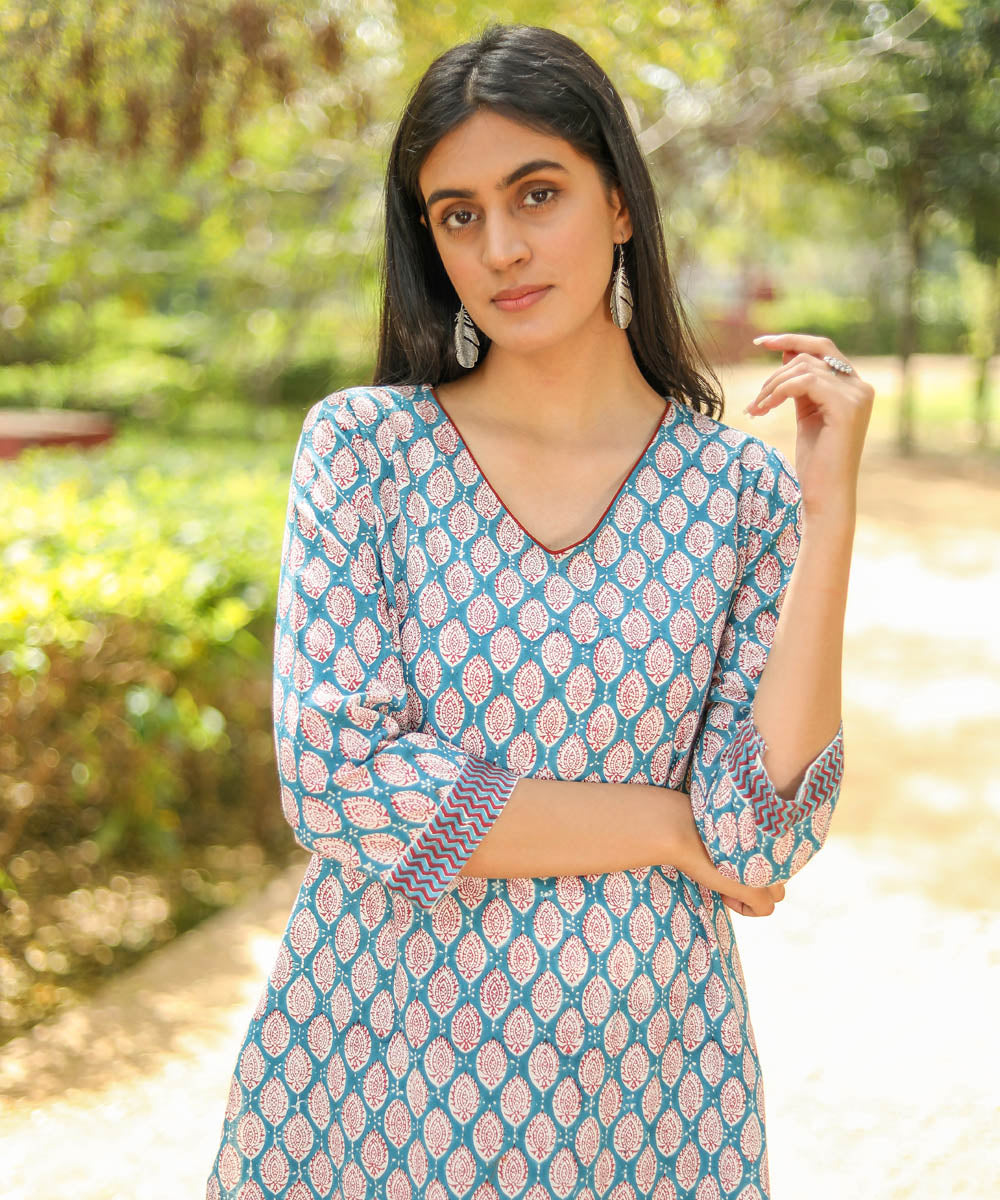 Green white handblock printed cotton kurti