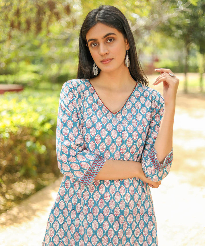 Green white handblock printed cotton kurti