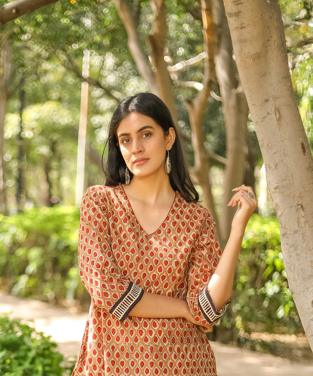 Brown handblock printed cotton kurti