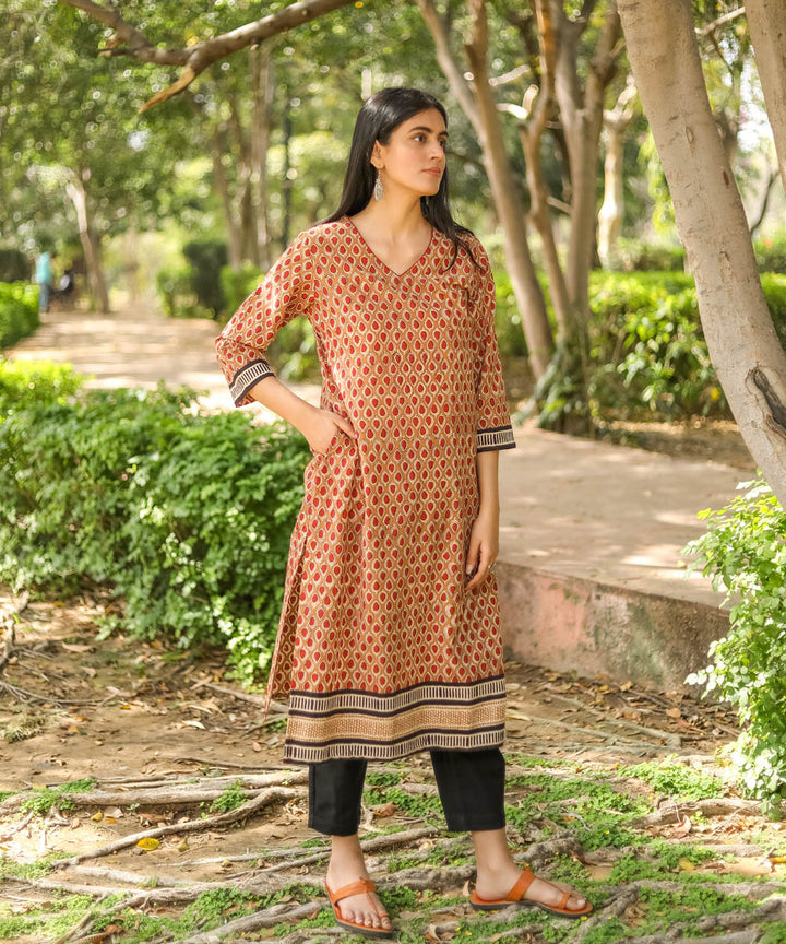 Brown handblock printed cotton kurti