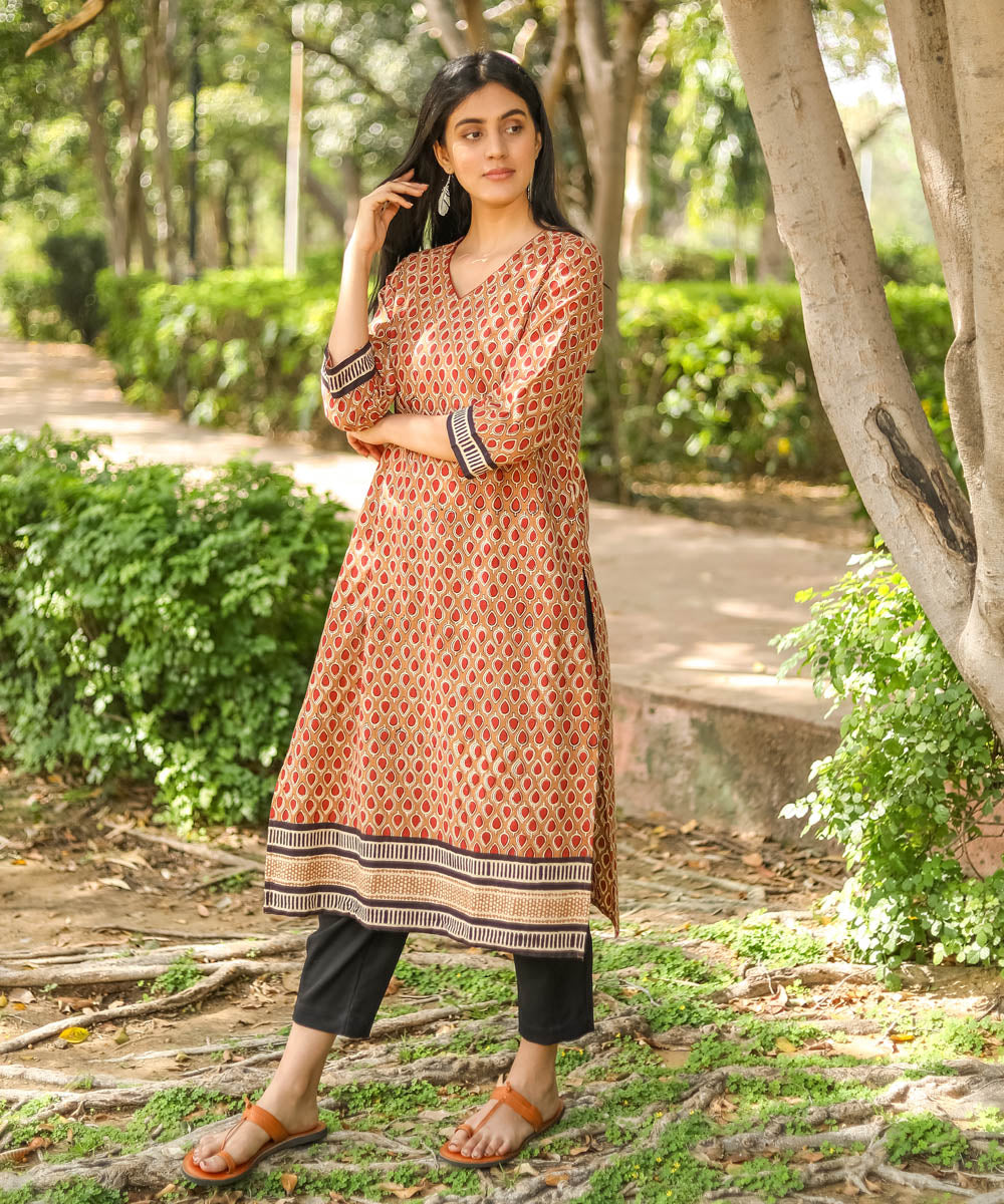 Brown handblock printed cotton kurti