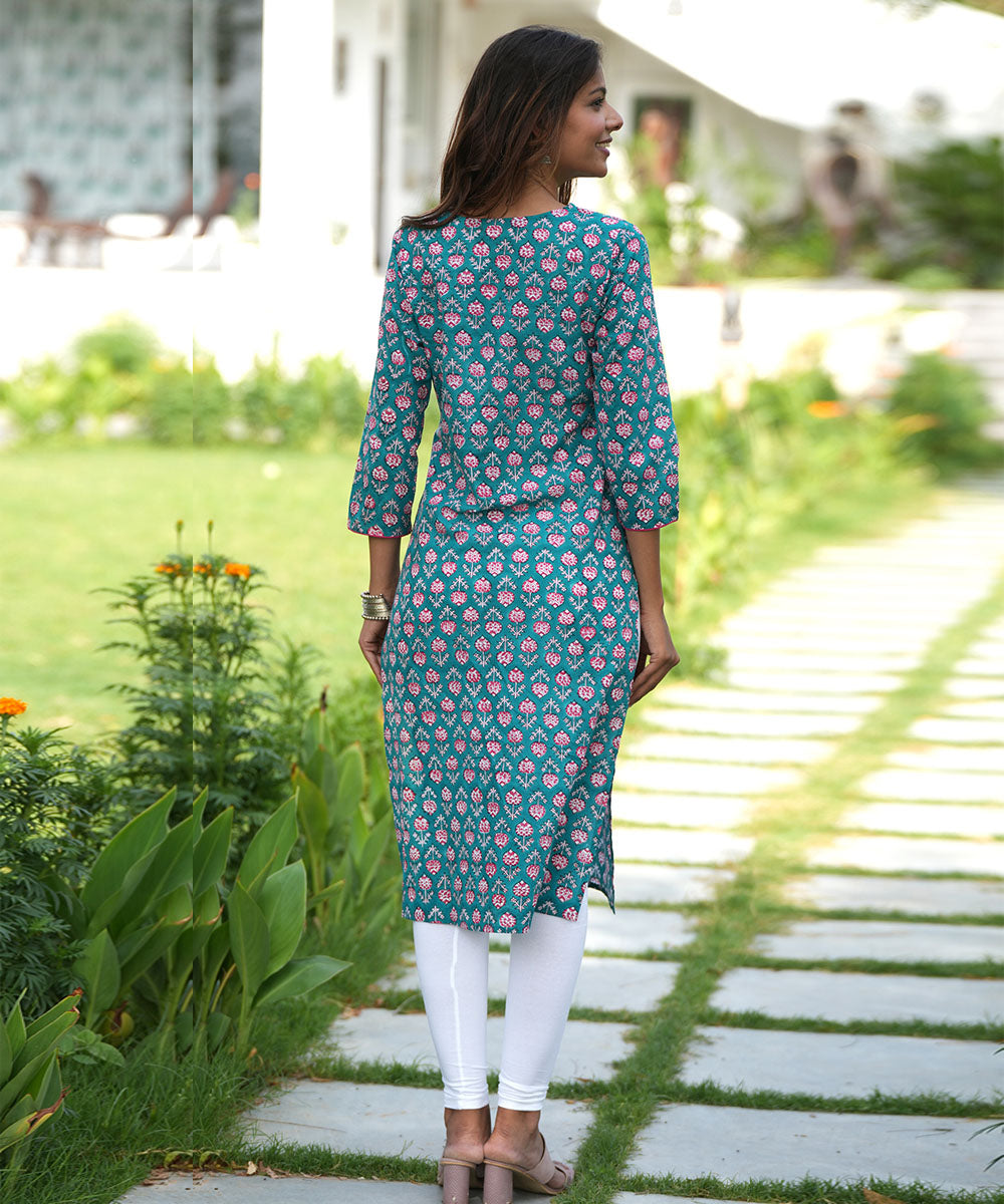 Green hand block printed kurti