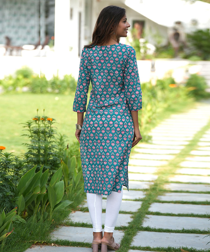 Green hand block printed kurti
