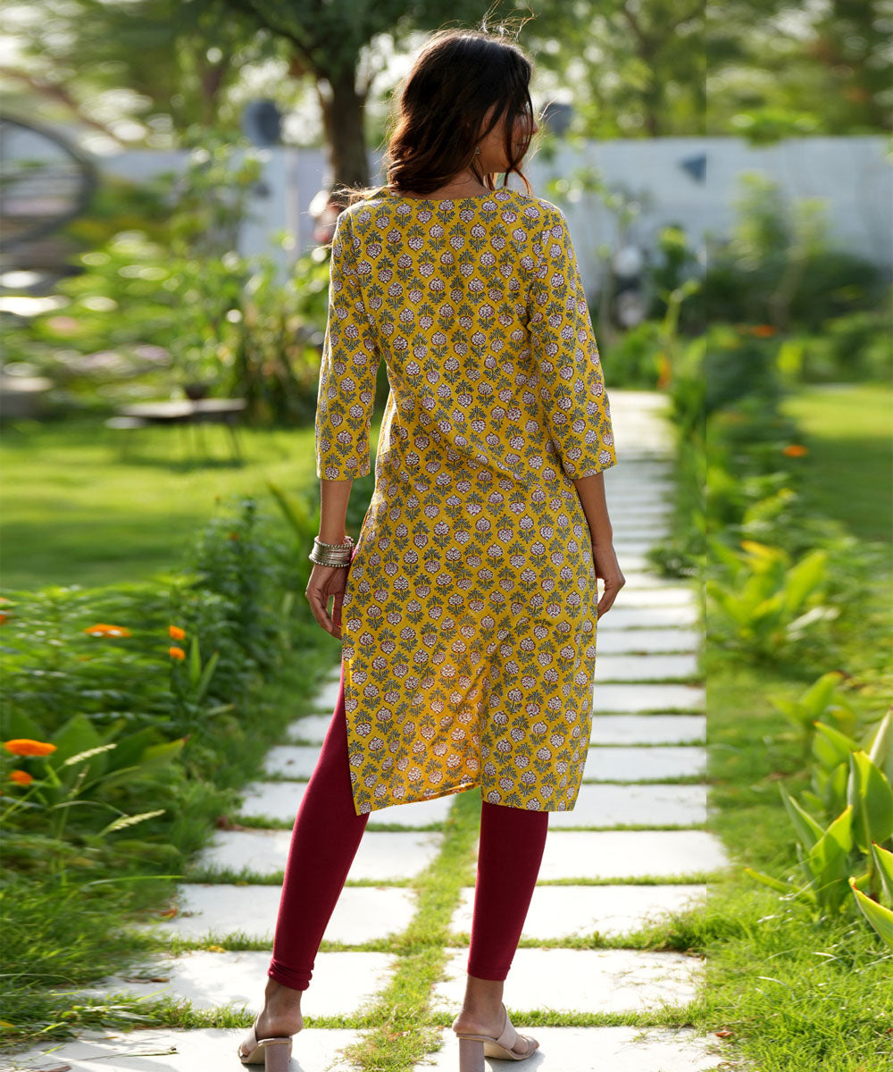 Yellow handblock printed cotton kurti