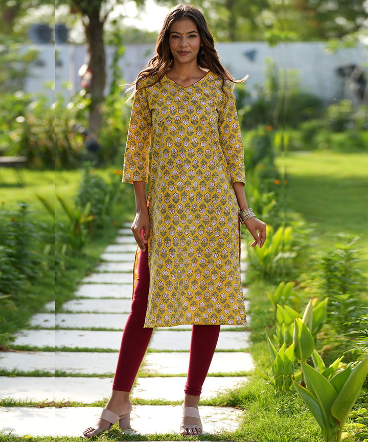Yellow handblock printed cotton kurti