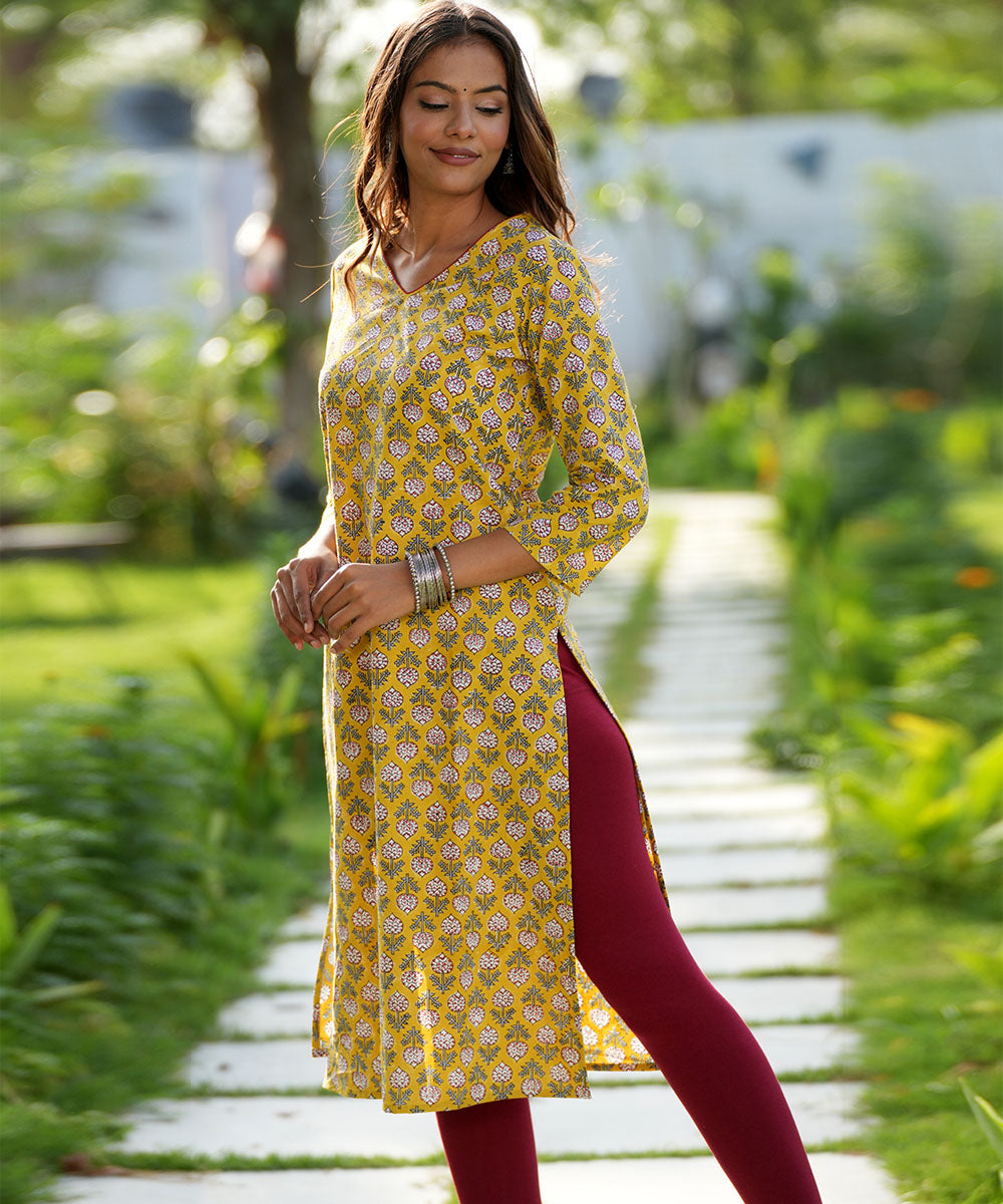 Yellow handblock printed cotton kurti