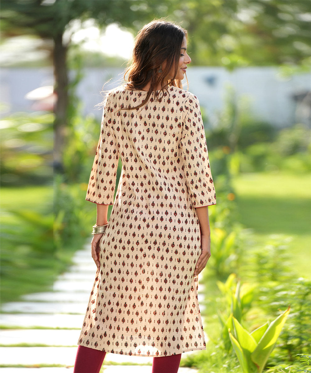 Cream handblock printed cotton kurti